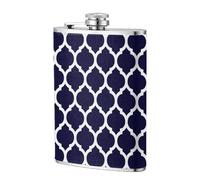 Geométrico marroquí azul marino moderno,Frasco de acero inoxidable 304 de 8 oz con funda de cuero sintético, frasco de bolsillo para licor plano para exteriores