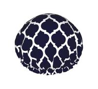 Geométrico marroquí azul marino moderno,Gorro de ducha, gorro de noche, gorro de baño elástico impermeable de doble capa, reutilizable para el cabello.