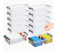GEOPHIA Paquete de 12 cajas de lápices extragrandes con separadores extraíbles, estuche de plástico grueso a granel, caja de almacenamiento transparente apilable para bolígrafos, manualidades, arte
