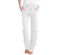 Georcep Women's Cotton Linen Drawstring Palazzo Pants for Women Casual High Waisted Light Weight Trousers with Pockets (L,A-White)
