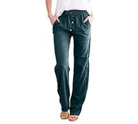 Georcep Women's Cotton Linen Drawstring Palazzo Pants for Women Casual High Waisted Light Weight Trousers with Pockets (M,M-Peacock Green)