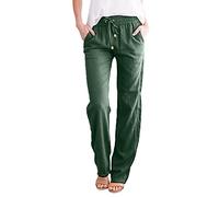 Georcep Women's Cotton Linen Drawstring Palazzo Pants for Women Casual High Waisted Light Weight Trousers with Pockets (M,N-Olive Green)
