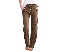 Georcep Women's Cotton Linen Drawstring Palazzo Pants for Women Casual High Waisted Light Weight Trousers with Pockets (M,L-Brown)