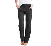 Georcep Women's Cotton Linen Drawstring Palazzo Pants for Women Casual High Waisted Light Weight Trousers with Pockets (L,D-Black)