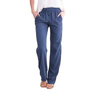 Georcep Women's Cotton Linen Drawstring Palazzo Pants for Women Casual High Waisted Light Weight Trousers with Pockets (M,E-Blue)