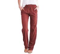 Georcep Women's Cotton Linen Drawstring Palazzo Pants for Women Casual High Waisted Light Weight Trousers with Pockets (M,F-Burgundy)