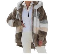Georcep Women's Winter Plush Hooded Colorblock Jacket with Pockets, Full Zip Up Sherpa Coat with Hood Long Sleeve (M,C-Khaki)