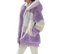Georcep Women's Winter Plush Hooded Colorblock Jacket with Pockets, Full Zip Up Sherpa Coat with Hood Long Sleeve (5XL,B-Purple)