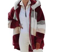 Georcep Women's Winter Plush Hooded Colorblock Jacket with Pockets, Full Zip Up Sherpa Coat with Hood Long Sleeve (5XL,I-Burgundy)