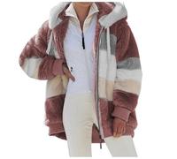 Georcep Women's Winter Plush Hooded Colorblock Jacket with Pockets, Full Zip Up Sherpa Coat with Hood Long Sleeve (5XL,A-Red)