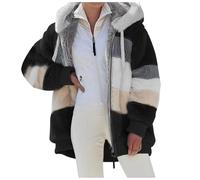 Georcep Women's Winter Plush Hooded Colorblock Jacket with Pockets, Full Zip Up Sherpa Coat with Hood Long Sleeve (XXL,E-Black)