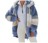 Georcep Women's Winter Plush Hooded Colorblock Jacket with Pockets, Full Zip Up Sherpa Coat with Hood Long Sleeve (3XL,F-Blue)