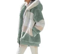 Georcep Women's Winter Plush Hooded Colorblock Jacket with Pockets, Full Zip Up Sherpa Coat with Hood Long Sleeve (XL,D-Green)