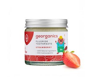 Georganics Pasta de dientes con flúor para niños con hidroxiapatita, 50 ml, sabor a fresa, pasta de dientes natural no espumosa, remineralizante para combatir las caries, certificada Cosmos natural