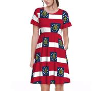 Georgia State Flag Spring - Vestido acampanado para mujer, vestido de manga corta estampado con bolsillos, cintura elástica, falda cómoda para el día a día, Negro, XXL