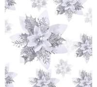Geosar 24 Flores de Navidad Artificiales Flores de Pascua con Purpurina Flor de Nochebuena Flor de Poinsettia Navideña con Clips Adorno de Árbol de Navidad Boda, 15 cm, 10 cm, 8 cm (Blanco)
