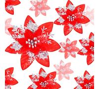 Geosar 24 Flores de Nochebuena Artificiales con Purpurina para Navidad Decoraciones de Flores de Boda Adornos de Árbol de Navidad con Clips, 6 Pulgadas, 4 Pulgadas, 3 Pulgadas (Rojo y Plata)
