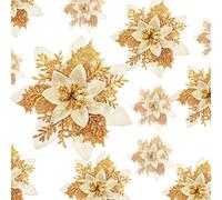 Geosar 24 Flores de Nochebuena Artificiales con Purpurina para Navidad Decoraciones de Flores de Boda Adornos de Árbol de Navidad con Clips, 6 Pulgadas, 4 Pulgadas, 3 Pulgadas (Oro)