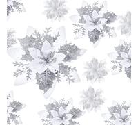 Geosar 24 Flores de Nochebuena Artificiales con Purpurina para Navidad Decoraciones de Flores de Boda Adornos de Árbol de Navidad con Clips, 6 Pulgadas, 4 Pulgadas, 3 Pulgadas (Plata y Blanco)