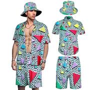 Geosar, Conjunto de camisas hippie y pantalones cortos de los años 80 y 90 para hombre, con sombrero, discoteca de neón, disfraz de fiesta de Halloween, 2 unidades, Vintage Color, X-Large