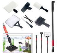 Geoyien Limpiafondos Acuario, 7 en 1 Herramienta de Limpieza de Acuarios con Mango Telescópico Largo, Raspador, Red de Pesca, Cepillo de Limpieza de Esponja, Tenedor para Plantas, Rastrillo de Arena