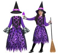 Geplaimir Disfraz de bruja para niños, disfraz de bruja, disfraz de bruja con luz, sombrero de bruja, escoba luminosa, disfraz de bruja para carnaval, Halloween G073S