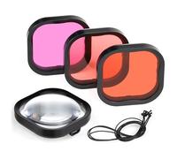 GEPULY Paquete de 4 filtros de buceo subacuáticos para GoPro Hero 8, 9, 10, 11, 12, color negro, funda impermeable oficial en rojo, esnórquel, magenta y 5 filtros HD de primer plano para corrección de