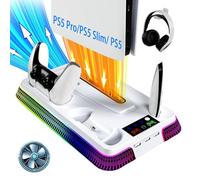 Gerbala Soporte PS5 para PlayStation 5 Pro, Slim & Standard, Soporte Vertical PS5 con Cargador Mando y Ventilador de 3 Velocidades, Refrigerador PS 5 con Luz RGB, Portaauriculares y 3 Puertos USB