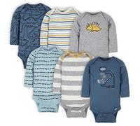Gerber Baby Boys' 6-Pack Long-Sleeve Onesies Bodysuit, Dinosaur Blue, Newborn