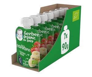 GERBER Organic Fresa Plátano, desde 6 meses, Bolsita 90g, Pack de 7