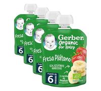 GERBER Organic Fresa Plátano, desde 6 meses, Bolsita 90g (Paquete de 4)