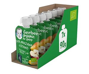 GERBER Organic Pera Manzana Plátano, Bolsita Puré de Fruta para Bebés, 7x90g, a partir de 4 meses