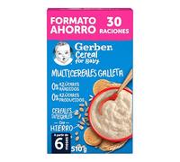 GERBER Papilla Multicereales y Galleta 0% azúcares añadidos ni producidos, a partir de los 6 meses, 510g.