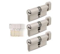 GERCAR Pro 3 cilindros 35/35 de cierre uniforme, juego de 3 cilindros de cierre con pomo y 15 llaves, 70 mm, cerradura de puerta de 70 mm, longitud: 70 mm, A: 35 B: 35 mm, latón macizo mate