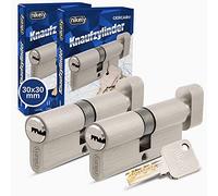 GERCAR Pro Juego de 2 cerraduras cilíndricas de latón niquelado mate 30/30-2x cilindro de cerradura/cerradura de barril 60 mm con botón para puerta - con 10 llaves - Longitud: 60 mm, A: 30 B: 30