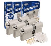 GERCAR Pro Juego de 3 cilindros de cerradura perfilados, 40/50, de cierre simultáneo, macizos, cilindro doble, latón mate, incluye 10 llaves reversibles, longitud: 90 mm, A: 40, B: 50-3x