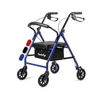 Geriafy - Andador plegable con Asiento y Frenos de Maneta | Modelo Lambda | Rollator de 4 Ruedas (15 cm) y Cesto | Caminador Ligero Regulable en Altura (Azul)