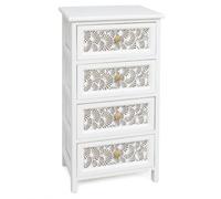 Gerimport Cajonera de Madera Blanca con Frontal Tallado, Sinfonier Estrecho, Mesita de Noche con Cajones, Mueble Auxiliar de Almacenaje para Dormitorio, Baño, Salón, Recibidor y Entrada, 4 Cajones