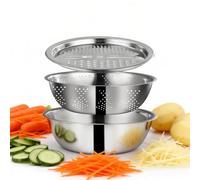German Quality 3-in-1 Stainless Steel Grater Bowl Set for Kitchen Food Prep Washing Draining Slicing Space Saving Cooking Tool (26 cm)