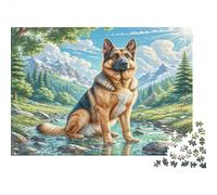 German Shepherd Dog Rompecabezas DIY de Papel Premium Pastor Alemán Junto a Arroyo en Bosque, Relleno de calcetín Divertido para niños +12 70x50cm/1000 Piezas