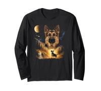 German Shepherd Howling to The Moon Vintage Dog Graphic Manga Larga