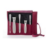 GERMANIKURE Juego de manicura de 5 piezas en estuche de piel magenta - fabricado en Solingen Alemania, herramientas de acero inoxidable FINOX - Kit de aseo de uñas compacto de calidad profesional
