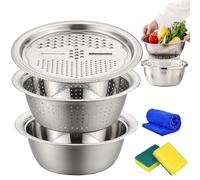 Germany Multifunctional Stainless Steel Basin, 3-in-1 Stainless Steel Shredding & Drainage Chopping Basin with Grater, Strainer, Drain Basket, for Kitchen, Salad, Vegetable Prep (26cm)