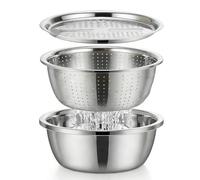 Germany Multifunctional Stainless Steel Basin, 3PCS Stainless Steel Mixing Bowl Set with Grater, Strainer and Drain Basket, Metal Nesting Bowls for Mixing Serving Rice Rinsing (M (10.23"/26CM))