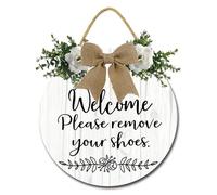 Geroclonup Letrero de bienvenida con texto en inglés "Welcome Please Remove Your Shoe" para puerta delantera, 28 cm, divertida corona de bienvenida redonda de madera para colgar zapatos sin zapatos,