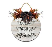 Geroclonup Letrero de madera para puerta, decoración de pared con texto en inglés "Grateful Blessed Thankful", corona de madera con lazo para decoración del hogar, suministros de fiesta de interior