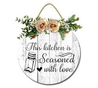 Geroclonup Letrero de pared de madera con frase en inglés «This Kitchen is Seasoned with Love», 30 cm, divertido letrero de pared de cocina, decoración de pared colgante de madera para el hogar,