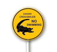 Geroclonup Letrero redondo con estaca de metal, diseño de cocodrilos con texto en inglés "Danger Crocodiles No Swimming ", 23,4 x 23,4 cm, resistente al agua, para uso en exteriores, decoración para