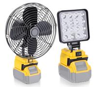Gerrii 2 ventiladores portátiles de 9 pulgadas para camping, luz LED inalámbrica de batería de trabajo compatible con baterías Dewalt de 20 V, puerto de carga USB y tipo C, para emergencia de taller y