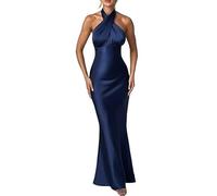 GeRRiT 2024 Nuevo Vestido Largo sin Espalda Estilo Europeo y Americano Vestidos de satén de Cintura Alta con Escote a la Moda (Color : Blue, Size : S)